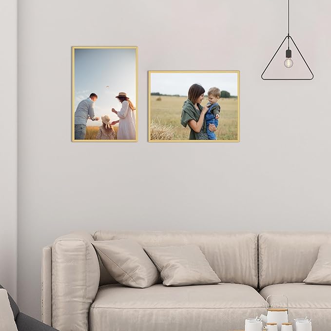 8x12 Picture Frame Set of 2, Matte Gold Modern Simple Thin Aluminum Metal Photo Frame with HD Real Glass, Display for Tabletop and Wall Collage, 2 Pack