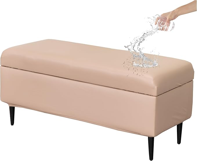 CRFATOP Waterproof PU Ottoman Stool Cover Stretch Folding Storage Footstool Bench Slipcovers Upholstered Foot Chest Chair Covers Washable Entryway Furniture Protector with Elastic Bands,M,Taupe