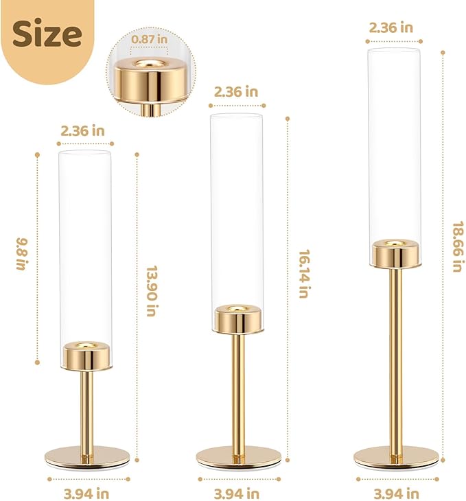 Gold Hurricane Candle Holders Set of 6, Tall Metal & Windproof Glass Taper Candle Holders, Outdoor/Indoor Table Centerpieces for Weddings, Christmas, Parties, Fireplace Decor