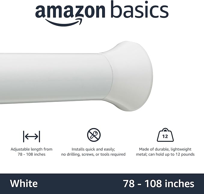 Amazon Basics Adjustable Tension Curtain Rod, 78-108" Width - White, Classic Finial