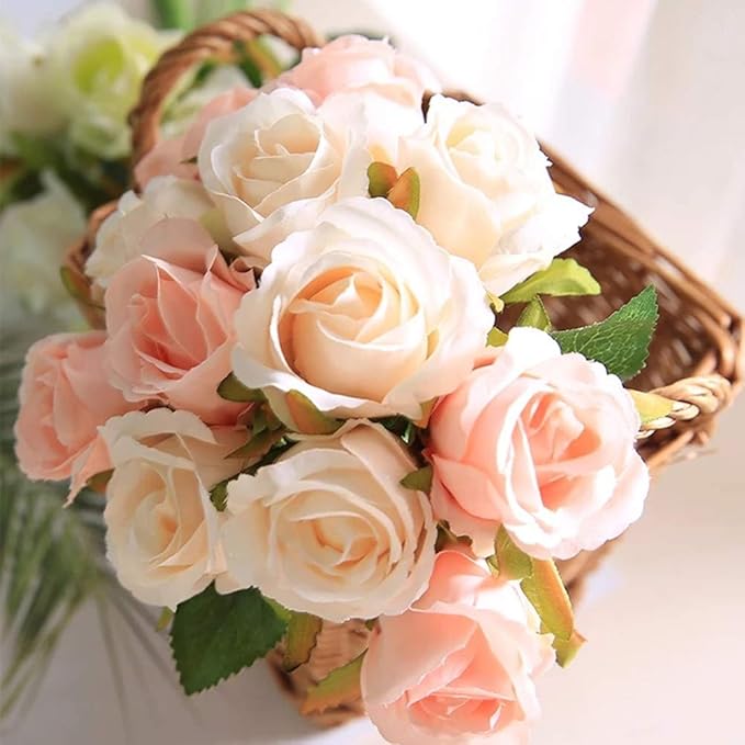 Jasion Artificial Roses Flowers 12 Heads Arrangement Silk Bouquet for Home Office Parties Bridal and Wedding Decoration (Pink with Champagne)