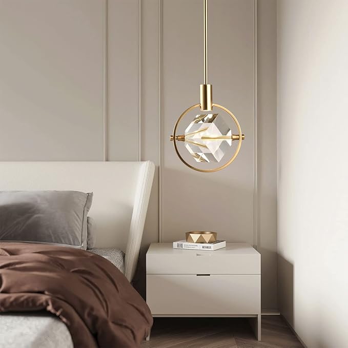 Crystal Pendant Light Fixture, Modern Dimmable Pendant Kitchen Island Light, Matte Brass Small Chandelier Hanging Lighting with Cube Pendant for Dining Room Bedroom Bathroom