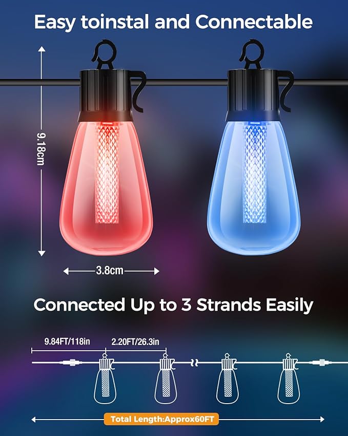 litogo 60FT Color Changing Outdoor String Lights with Remote - Dimmable LED RGB Patio Lights for Outside with Shatterproof Waterproof Edison Bulbs for Yard Gazebo Party Wedding Holiday