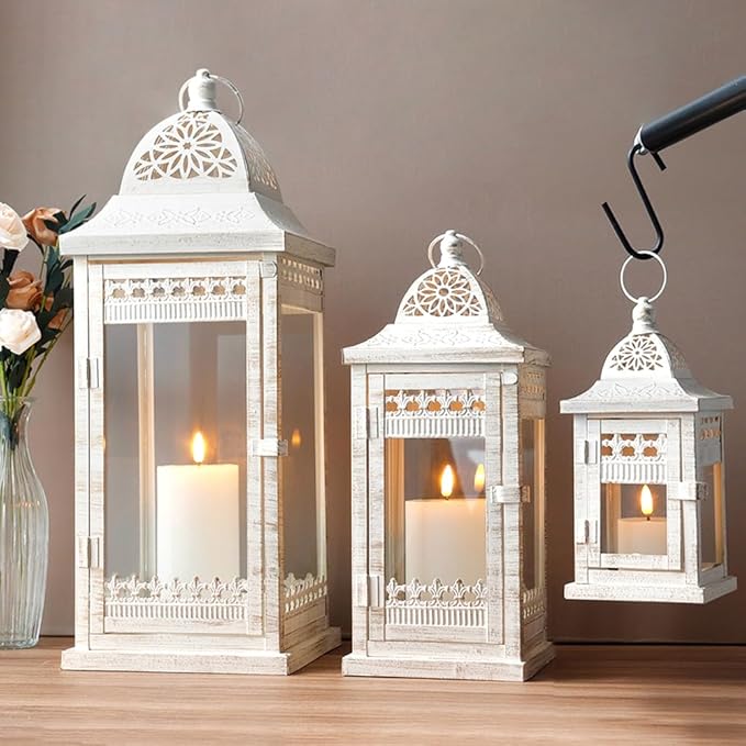 JHY DESIGN Set of 3 Decorative Candle Lanterns 20"&14.5"&9.5" High Vintage Style Hanging Lantern, Metal Candleholder for Indoor Outdoor, Events, Parties and Weddings（Beige with Gold Brush）