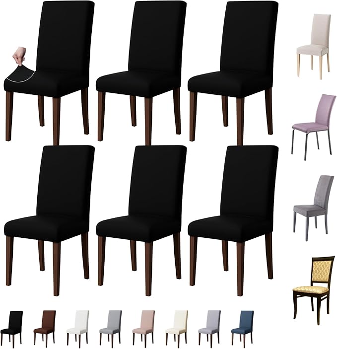 Dining Chair Covers Set of 6, Stretch Kitchen Removable Washable Chairs Slipcovers Seat Protector for Home, Party, Banquet (Black)