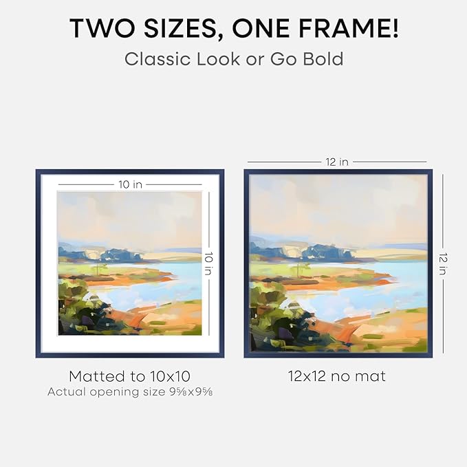 Homeforia 12x12 Picture Frame Navy Blue, High End Metal 12 x 12 Square Poster Frame with Mat 10 x 10 Photo, 12x12 Frame Matted to 10x10 Print, 12by12 Hanging Frames, Tempered Glass, Wall Kit, Set of 2