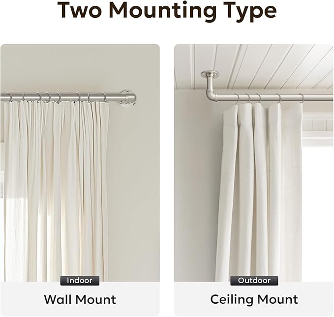 Zeerobee Curtain Rods for Windows 32 to 48, 1 Inch Industrial Wrap Around Curtain Rod, Indoor/Outdoor Room Divider Adjustable Drapery Pole, 32"-48", Brushed Nickel