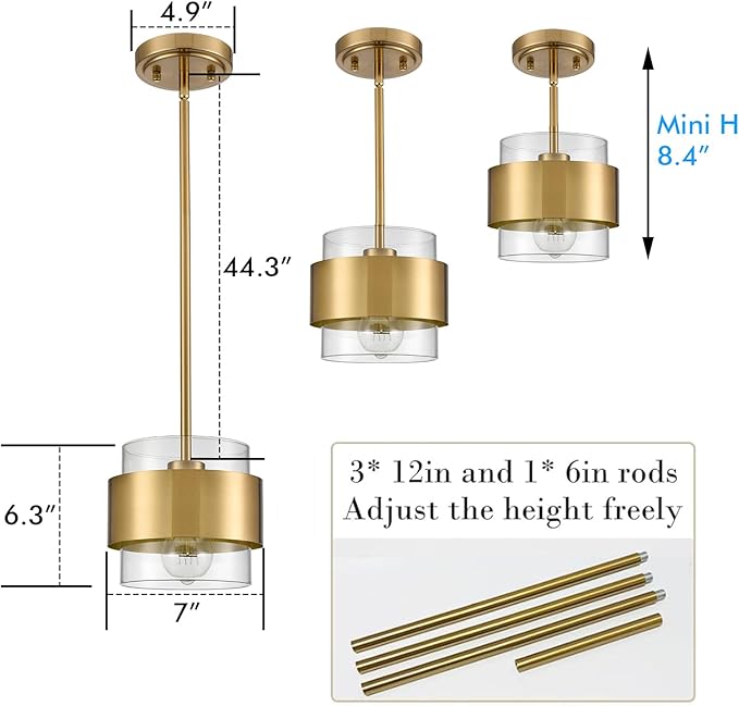 CLAXY Glass Pendant Light Mini Gold Hanging Pendant Lighting Clear Cyliner Shade for Kitchen Sink Dining Bathroom, Adjustable Hanging Rods