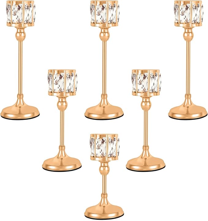 Crystal Tealight Candle Holders,Votive Candle Stands Wedding centerpieces for Tables Crystal Candlestick，Centerpiece Table Decorations (Gold,2 Sets(6 Pcs)