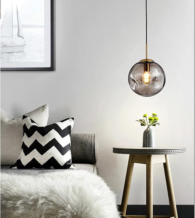 Brikey Glass Spherical Pendant Light,Gold Iron & Glass Globe Hanging Ceiling Lamp (9.8‘’, Grey)