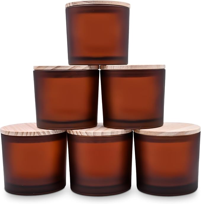 SHOWIN 12 OZ Thick Candle Jars for Making Candles 6 Pcs, Empty Amber Jars with Wood Lids for Spice Jars, Sample Container, Frosted Brown