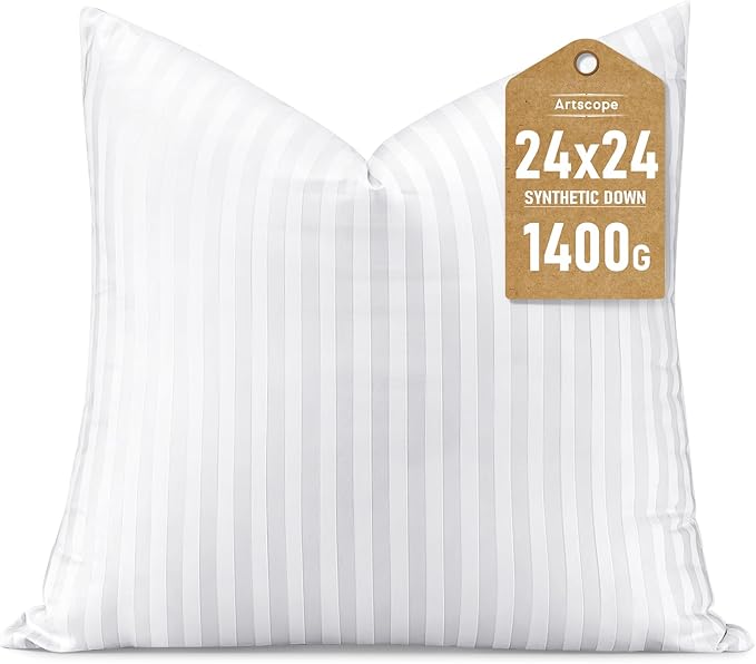 Artscope Synthetic Down Pillow Insert, 24x24 Down Alternative Throw Pillow Insert. Ultra Soft Fluffy Sleeping Pillow with 100% Cotton Cover, Decorative Pillows-Striped