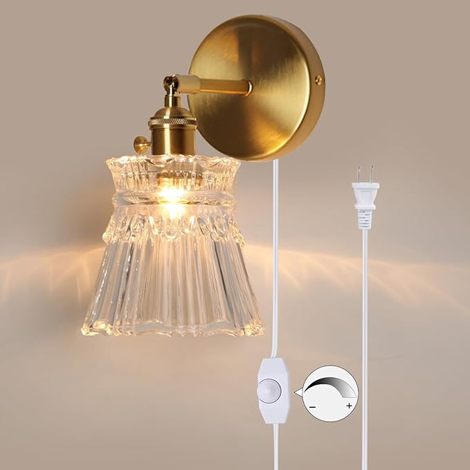 Sedelan Plug in Wall Sconce, Vintage Wall Sconces Indoor, Glass Wall Lamp，Dimmable Mid Century Moderen Bathroom Vanity Lights, Over Mirror for Bedroom Dining Living Room Stairway, E26