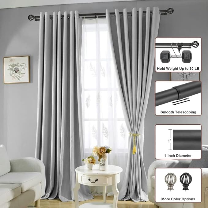 Double Curtain Rods for Window 72-144", Matte Black Double Curtain Rods with Round Cage & Barrel Finials, 1-Inch Front and 5/8 Inch Back Double Drapery Rod