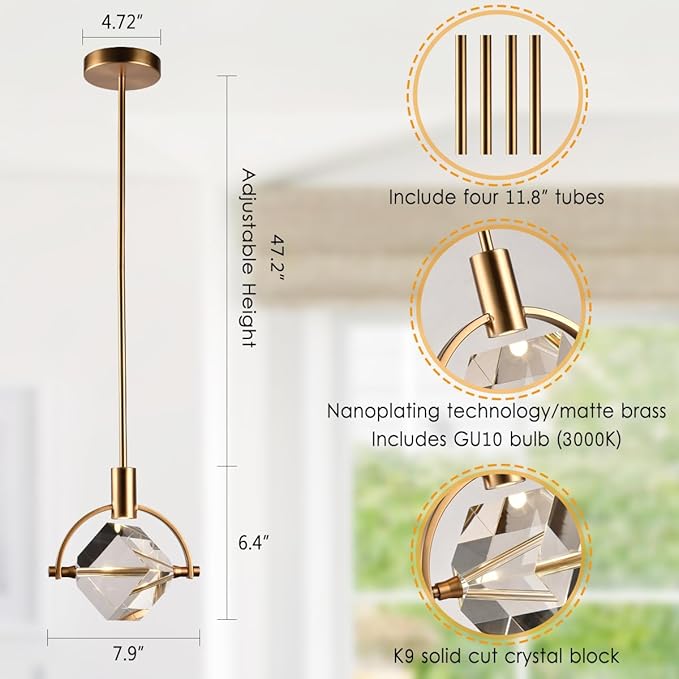 Brass Pendant Light, Cube Crystal Pendant Light Fixture for Kitchen Island, Modern Small Pendant Ceiling Dimmable Light for Dining Room, Vanity Pendant Haging Light for Bedroom
