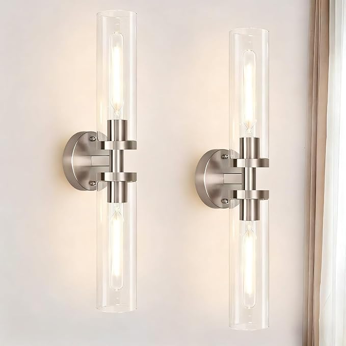 AT-VALY Wall Sconces Set of Two,Vanity Light Fixtures with Clear Glass,Modern Sconces Wall Decor for Bathroom, Living Room Mirror (Brushed Nickel)