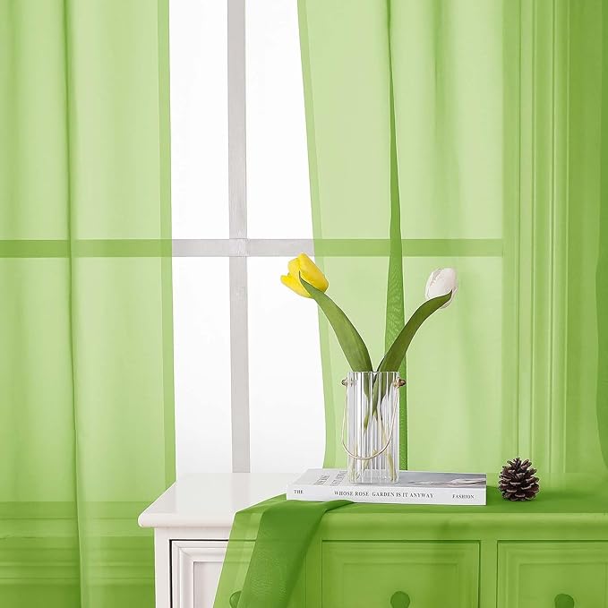 Lecloud Lime Sheer Curtains for Living Room 90 Inches Long 2 Panels, Solid Color Voile Light Filtering Airy Living Room Curtains, Dual Rod Pockets Soft Drapes for Bedroom, Each Panel 42" W x 90" L