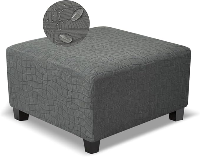 Square Ottoman Cover,Soft Stretch Jacquard Slipcover with Dual Waterproof Layers,Washable Furniture Protector for Pets,Medium,Light Gray