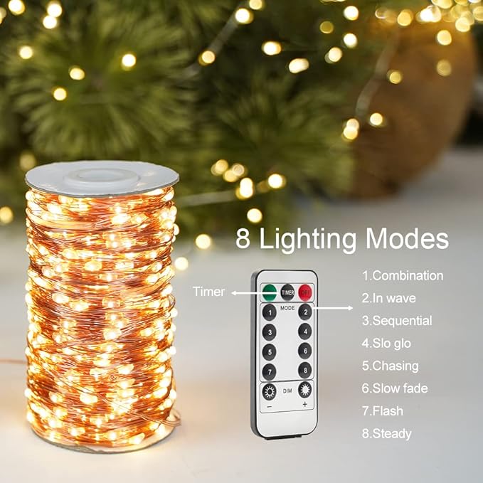 200FT Warm White Plug in Fairy Lights 600 LED Waterproof Copper Wire String Lights with Remote for Christmas Tree Bedroom Porch Patio Garden Wedding Party