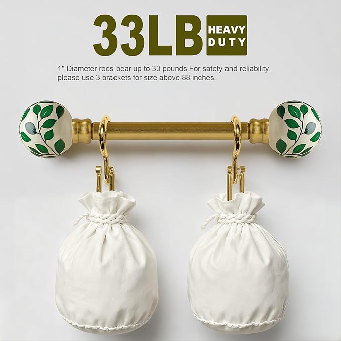 Ceramic Gold Curtain Rods for Windows 66 to 120 Inches Adjustable Length Heavy Duty 1" Diameter Window Curtain Rod with Modern Green Leaf Pattern Decorative Finials for Bedroom Living Room Kitchen