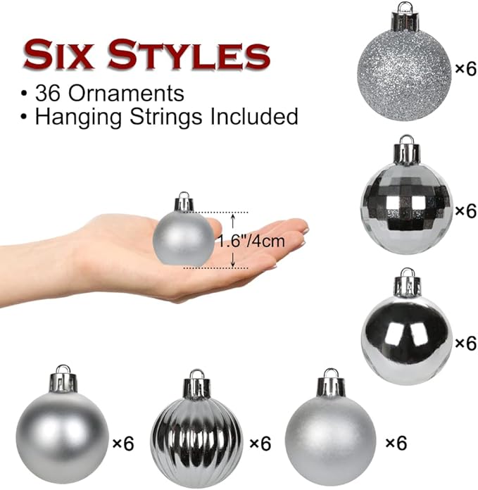 Hollyone 1.57" Silver Christmas Ornaments - 36 Pcs Mini Shatterproof Balls - Christmas Tree Decorations - Small Xmas Ornaments with Hanging Loop - Wedding, Party, Home Decor