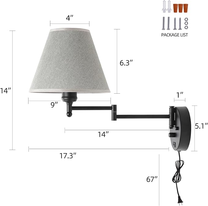Swing Arm Wall Lamp.Wall Mount lamp with Dimmable Switch.Plug in Wall Sconces with USB Charging Port. Black Sconces Wall Lighting Suitable for Bedroom,Living Room.