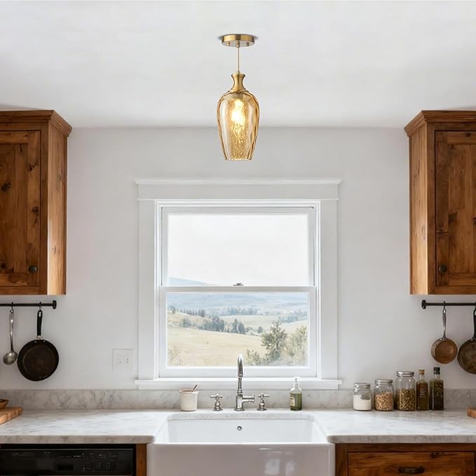 Glass Pendant Lights Kitchen Island, 1-Light Gold Pendant Light Fixtures with Hammered Amber Glass, Vintage Hanging Light for Kitchen Sink Dining Room Bedroom, E26