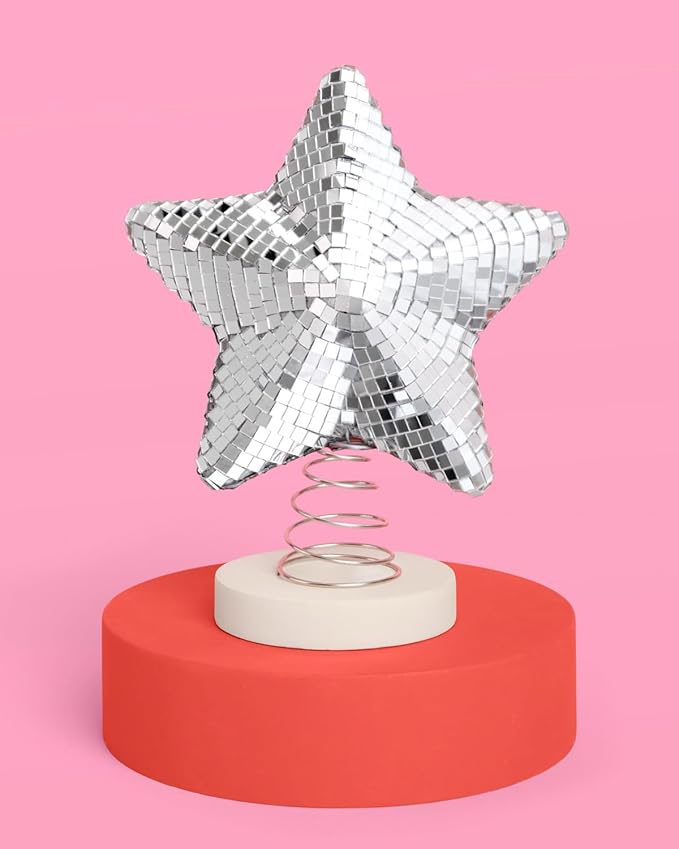 xo, Fetti Silver Disco Star Tree Topper, 8 in. | Christmas Tree Angel, Groovy Xmas Decorations, Holiday Party Decor, Fun Winter Gift, Metallic Stocking Stuffer