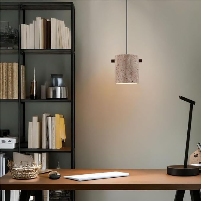 Modern Travertine Stone Pendant Light Minimalist Cylindrical Solid Wood Accents Pendant Lamp Adjustable Hanging Lamp for Bedroom Living Room Dining Room Ambient Lighting