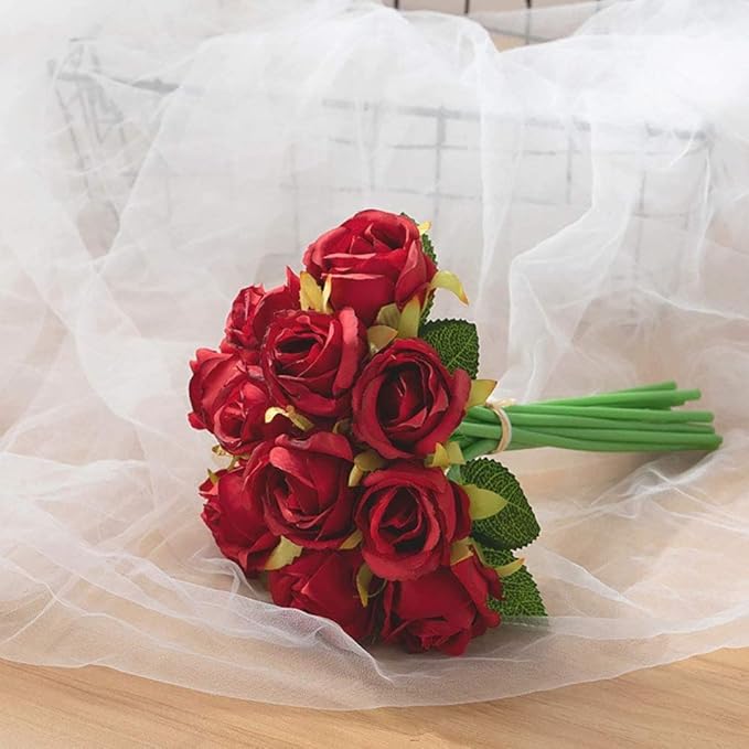 Jasion Artificial Flowers 12pcs Silk Realistic Roses DIY Bouquet for Home Parties Table Centerpieces Bridal Wedding Decoration Without Vase (Spring Red)