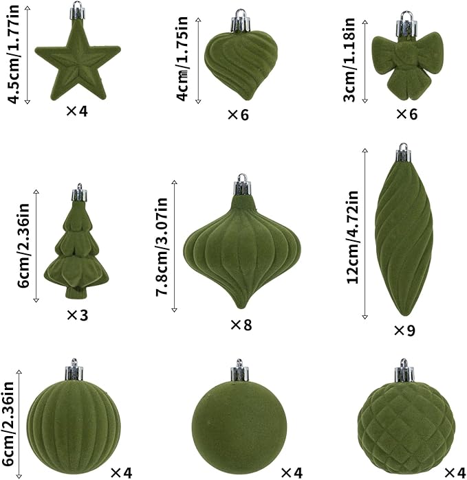 48Pcs Green Velvet Christmas Ornaments Set, Assorted Flocked Christmas Baubles Decorations, Shatterproof Christmas Balls Hanging Decor for Xmas Tree/Home/Party/Holiday (Green)