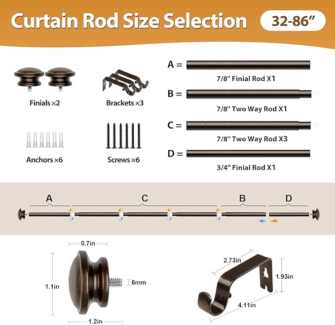 TONIAL Curtain Rods 32 to 86 Inch(2.6-7.2ft), Telescoping Splicing 3/4 Drapery Rods for Windows 54 to 82 Inch(4.5-6.8ft), Decorative Single Rod with Small Cap Finial, Bronze