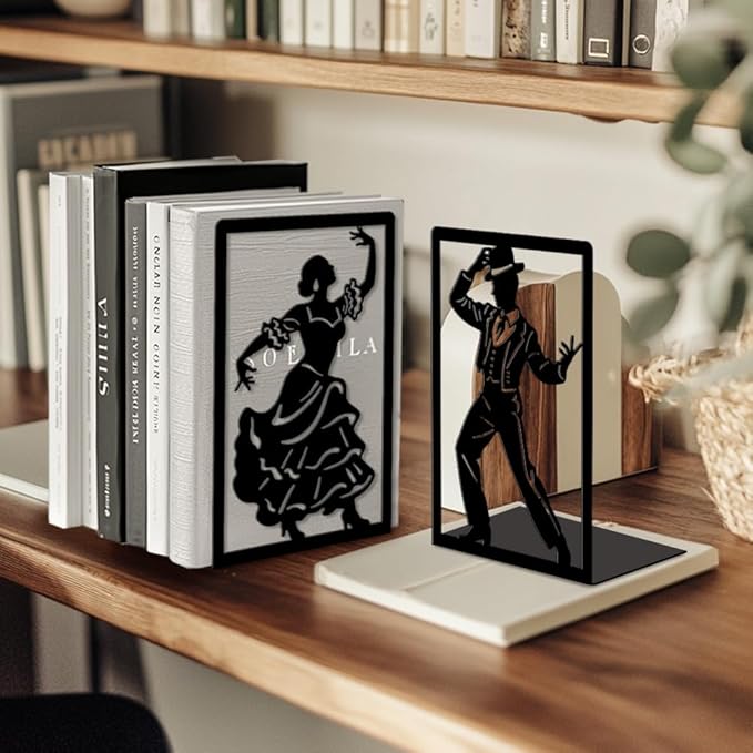 Peacoblue Metal Bookends for Shelves, Modern Decorative Heavy Duty Study Book Ends Stoppers for Office, Desk, Shelf, Room 5.3"x4.3"x7.9" Cast Iron Simple Tall Bookends 1 Pair (Spain Flamenco Dance)