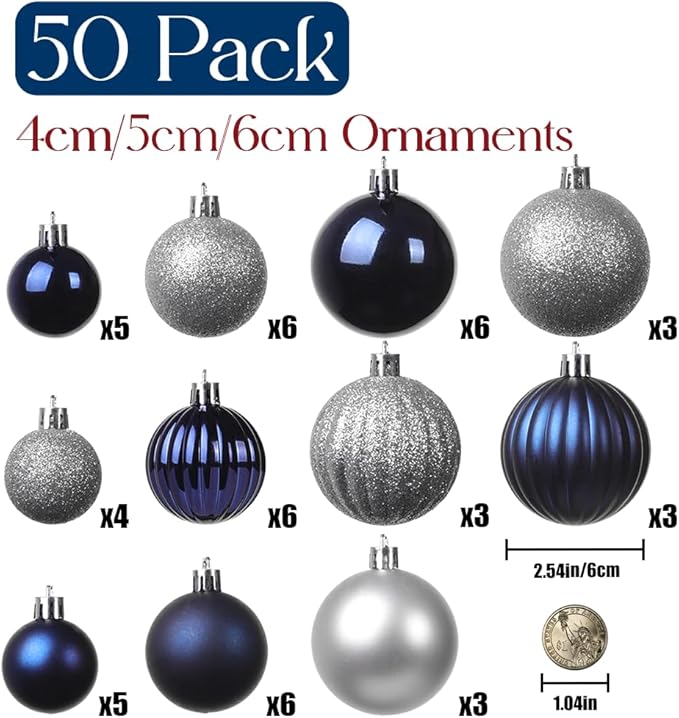 50ct Navy Blue and Silver Christmas Ornaments Set, 2025 Shatterproof Christmas Tree Decorations, Christmas Ball Ornament, Vintage Classic Christmas Ornament Bulk for Christmas Decorations Indoor