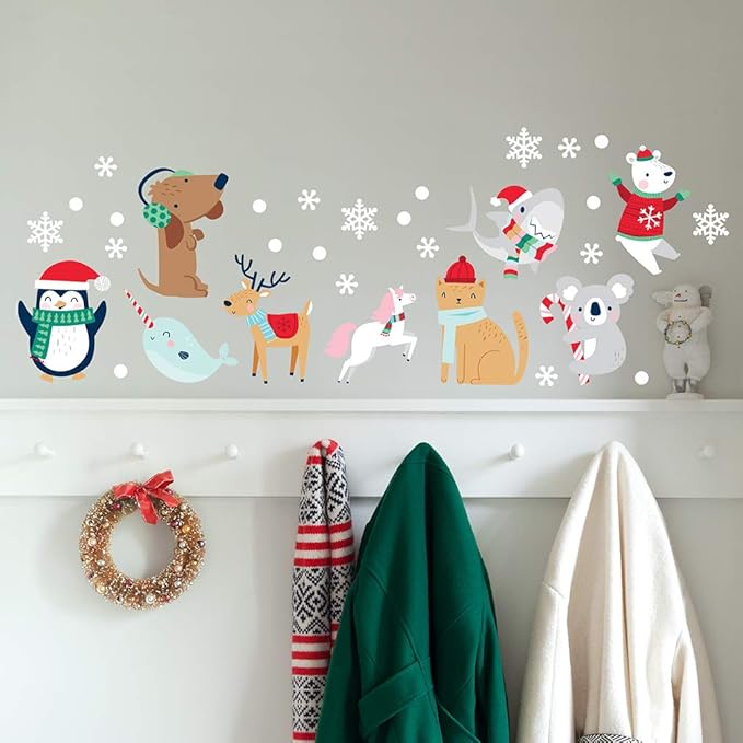 Paper Riot Co. Snow Animals Cute Characters Christmas Holiday Wall Stickers Removable Adhesive for Classroom Kids Room Nursery Bedroom Home Decor 66 Count Decals