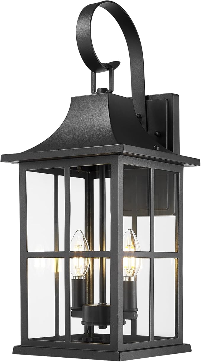 Emliviar 21.5" Large Wall Mounted Light Fixture, Classic Black Exterior Light Fixture 2-Light with E12 Base, Porch Lighting with Clear Glass Shade, YXE306B-M BK