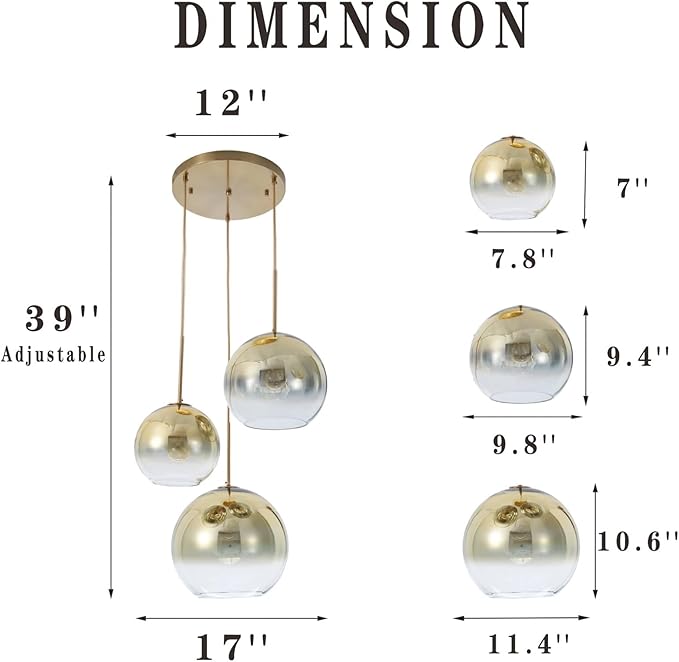 Modern Globe Pendant Lighting Gradient Gold Glass Pendant Light Fixtures Dining Room Adjustable Hanging Cluster Pendant Lamp Nordic 3-Light Heads Chandeliers Lighting for Kitchen Bedroom