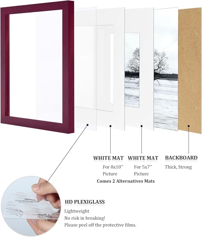 Egofine 11x14 Picture Frames 4 Pack Display Pictures 5x7/8x10 with Mat or 11x14 Without Mat Made of Solid Wood Covered by Plexiglass for Table Top Display and Wall Mounting Photo Frame, Cherry Red