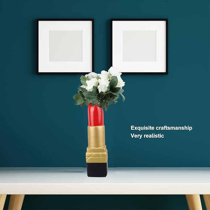 Creative Lipstick Shape Vase, Modern Flowers Pot Unique Vase Beautiful Resin Exquisite Realistic Lipstick Shape Decorative for Book Shop Coffee Shop (Gold)