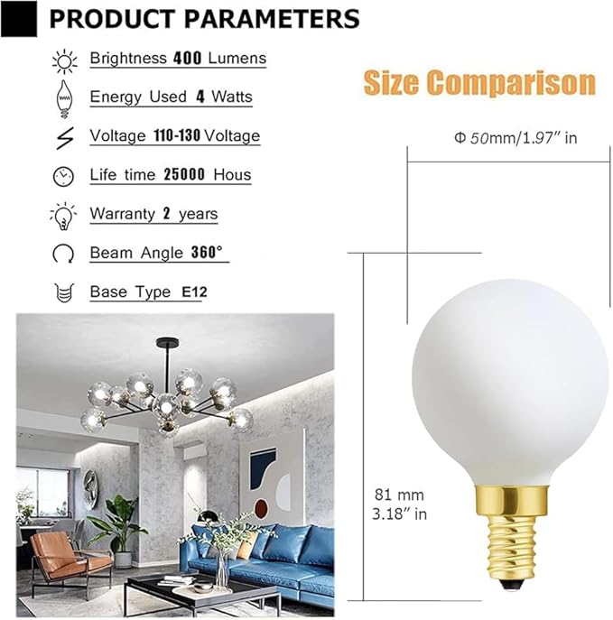 XININSUN Frosted G16.5 globe light bulb,e12 Round Candelabra Bulb 40 watt,4W Chandelier Light Bulbs,Milky White Candelabra LED Bulb,Dimmable,4W 4000K Daylight 400lm,6Pack