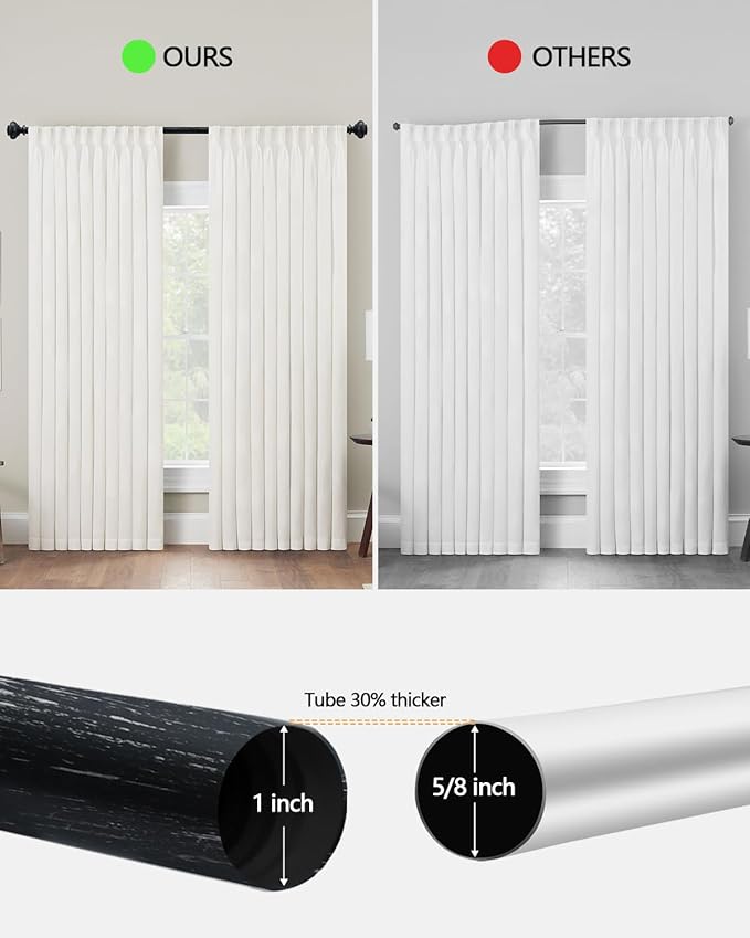 Black Curtain Rods for Windows 32 to 45 Inch,1'' Diameter Heavy Duty Curtain Rod Adjustable Decorative Drapery Rods for Farmhouse Rustic Living Room Bedroom