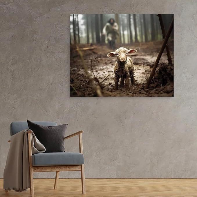 Jesus and Lamb Canvas Wall Art Jesus Running After Lost Lamb Picture Wall Art Canvas Print Christian Home Decor 30x24 inch (Landscape)