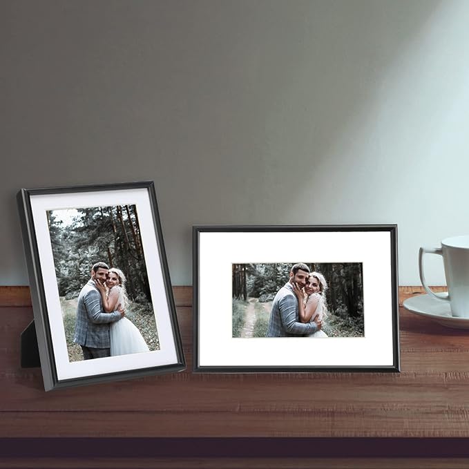 5x7 Picture Frame Set of 4, Matted Black Simple Modern Brushed Thin Aluminum Metal Photo Frame Fits 4x6 with Mat or 5 x 7 without Mat Vertical and Horizontal for Tabletop and Wall Mounting