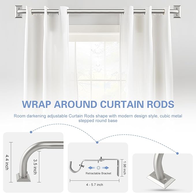 Nickel Wrap Around Curtain Rods:Blackout Heavy Duty Adjustable Window Curtain Rod for Bedroom Kitchen,Modern Decorative Curved French Metal Single Drapery Rod Easy Install,Satin Nickel 36-72"