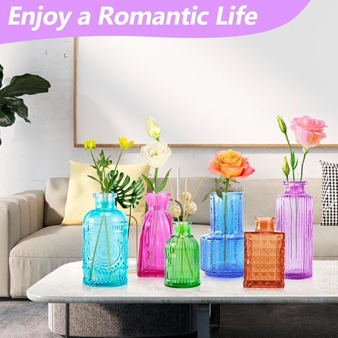 12 Pack Glass Bud Vases, Colorful Bud Vase Set, Colored Small Vases for Flowers, Mini Vintage Glass Flower Vase in Bulk for Centerpieces Wedding Home Office Table Party Decor
