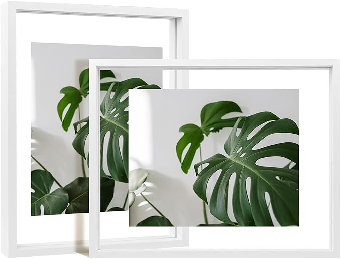 Egofine 11x14 Floating Frames Set of 2, Double Plexiglass Picture Frame, Made of Solid Wood Display Any Size Photo up to 11x14, Wall Mount or Tabletop Standing, White