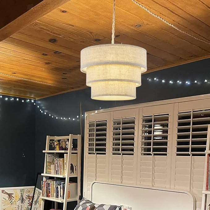 XININSUN 3-Tier Drum Linen Plug in Pendant Light with15ft Hemp Rope Cord E26 Dimmer Switch Hanging Lights Fixture Plug in Chandelier for Kitchen Island Dining Room Entryway Hallway-1Pack