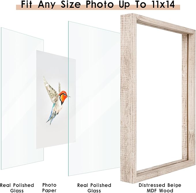 MUYE 11x14 Floating Frames Distressed Beige White Wood Pattern,Double Glass Picture Frame Set of 2 Display Any Size Photo up to 11x14,Wall Mount or Tabletop