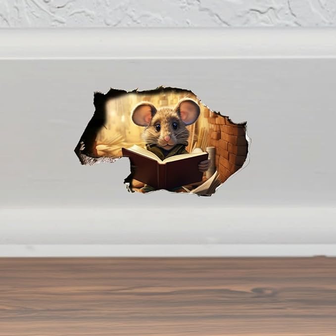 Mouse Hole in Wall Reading Book Sticker - Funny Hole in Wall 3D Prank Peel and Stick Sticker Decal - Premium Quality Vinyl Bumper Stickers 2-Pack | 5-Inch on Widest Side | Made in USA FHJ1373