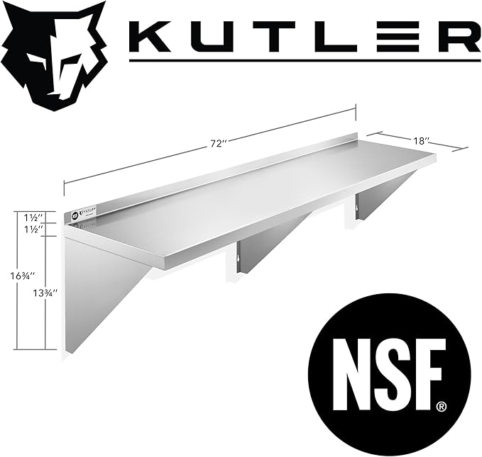 KUTLER Stainless Steel Shelf - 18" x 72", NSF Commercial Wall Mount Shelves with Backsplash, Floating Metal Shelving for Restaurant, Kitchen, Home